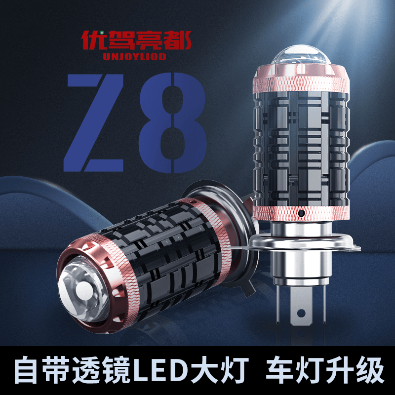 优驾亮都Z8摩托车专用LED大灯自带透镜远近光一体灯泡H4三爪双爪