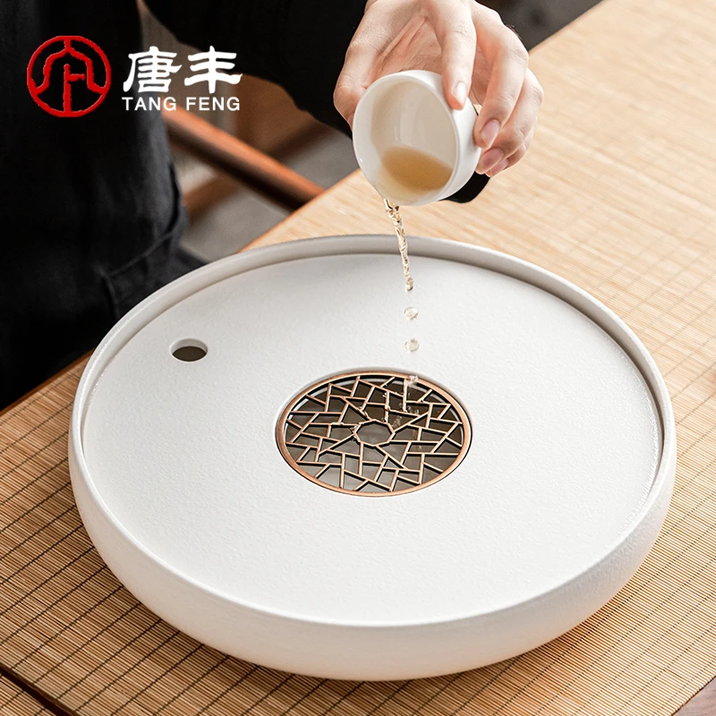 唐丰粗陶干泡盘家用办公圆形茶盘现代茶台小型蓄水茶海储水式托盘