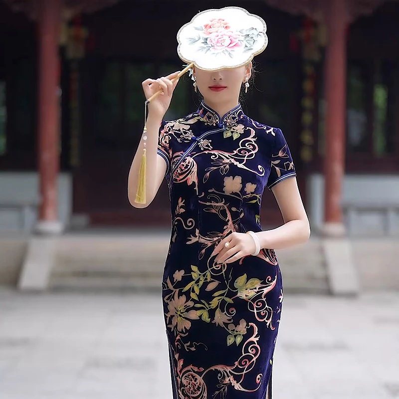 金吴针 52153 夏季新款丝绒面料醋酸里布手工花扣中国风优雅旗袍