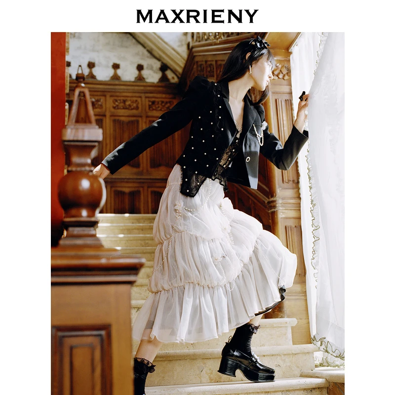 MAXRIENY夏白色公主塔裙高腰气质半裙中长款洋气网纱女装半身裙