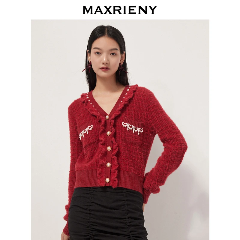 MAXRIENY小香风针织开衫秋季新款格子短外套修身毛衣女装红色上衣