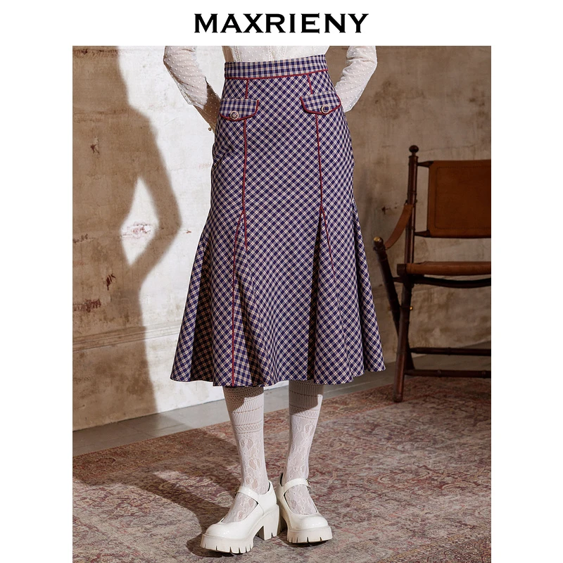 MAXRIENY格子包臀裙秋季新款高腰半身裙子洋气复古中长长款半裙