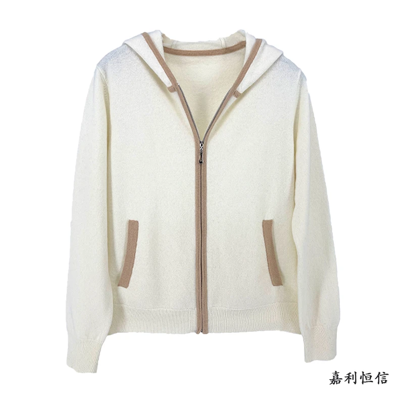 时尚清爽柔软舒适配色边金属拉链配色女式纯山羊绒开衫帽衫