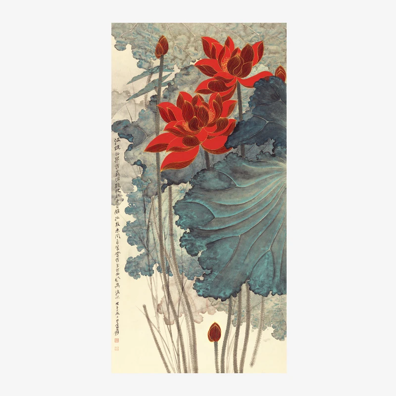 张大千中式《金线荷花》高清复制印刷装裱装饰画客厅书房作品