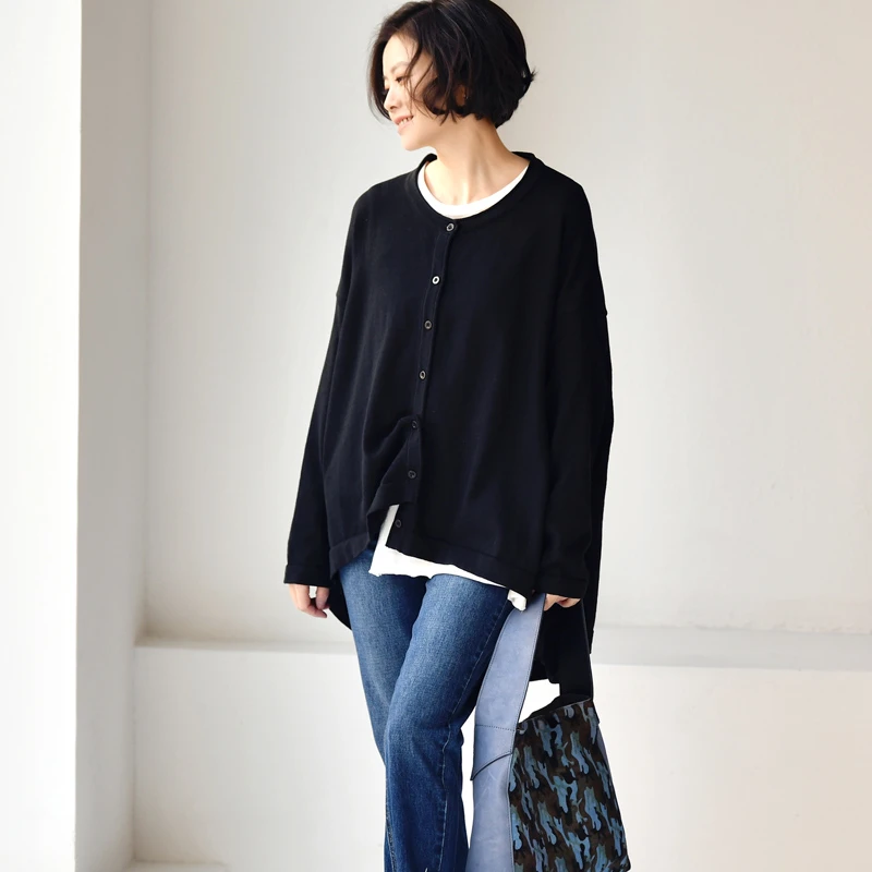 W3008C文艺简约百搭宽松廓形感前短后长针织开衫外套女 米兰宣言