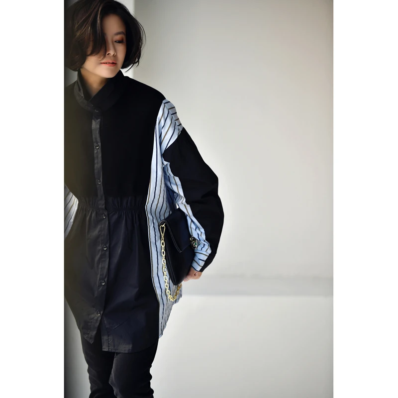 换季C1155C韩版撞色条纹拼接立体捏褶前短后长宽松长袖衬衫女