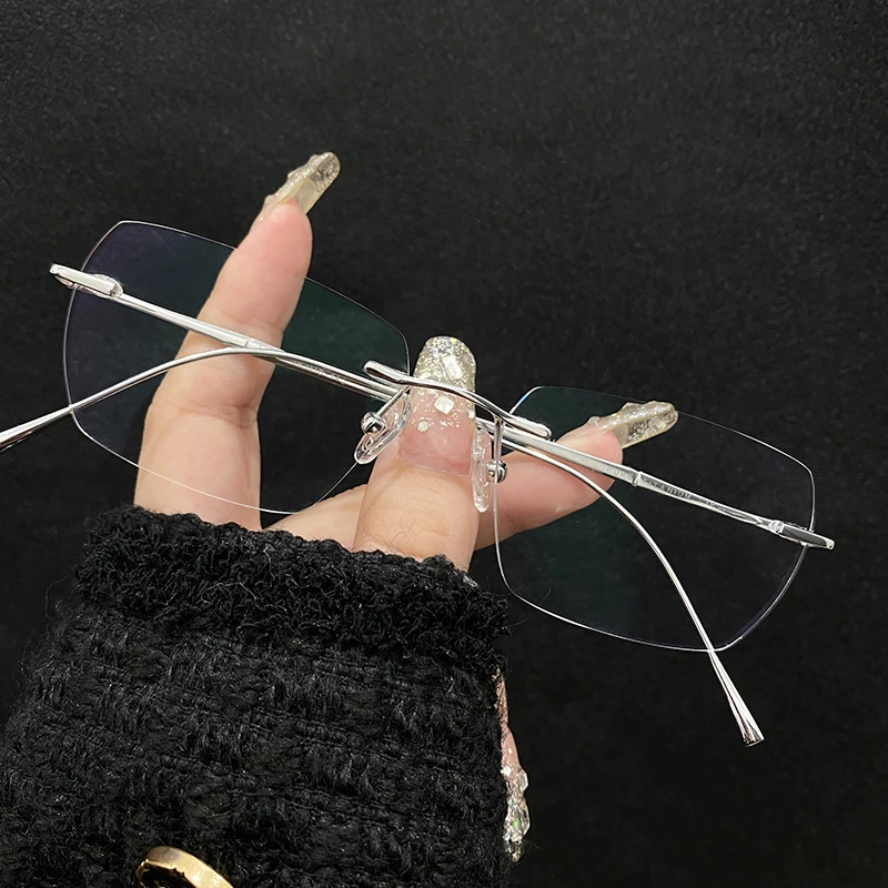 超轻纯钛无框近视眼镜女可配度数纯欲风素颜大框显脸小无边框镜架