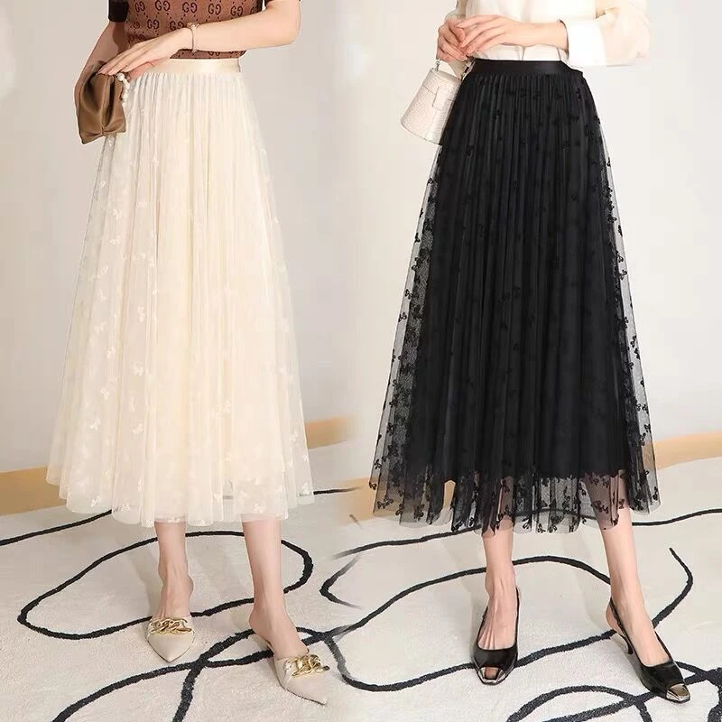 网纱半身裙女春秋2025年新款薄款洋气a字中长款植绒百褶裙子