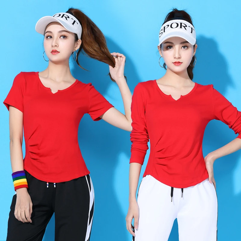 2025春秋新款广场舞服装女短袖运动演出瑜伽曳步舞棉百搭修身上衣