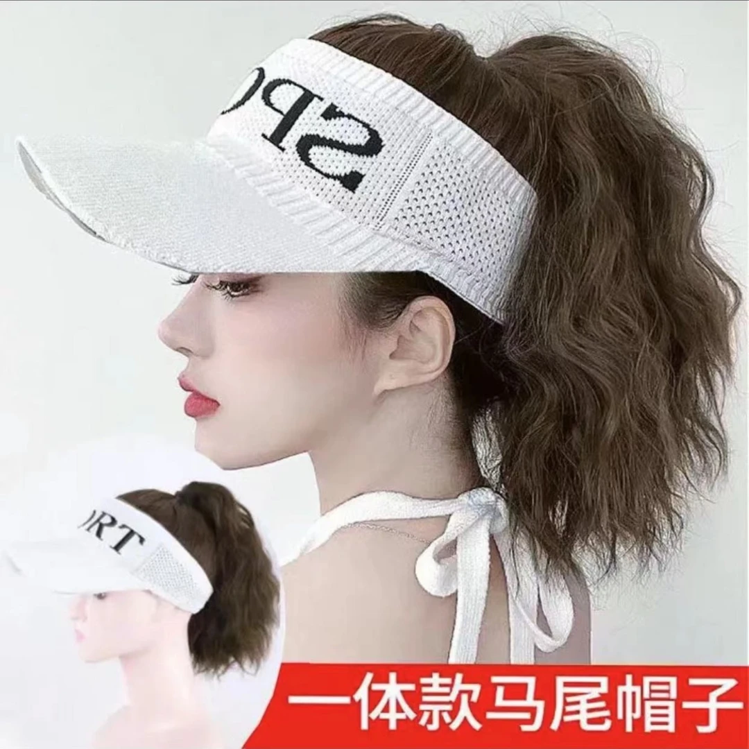夏款帽子假发女鸭舌帽子假发一体全头套长卷发马尾流行透气减龄