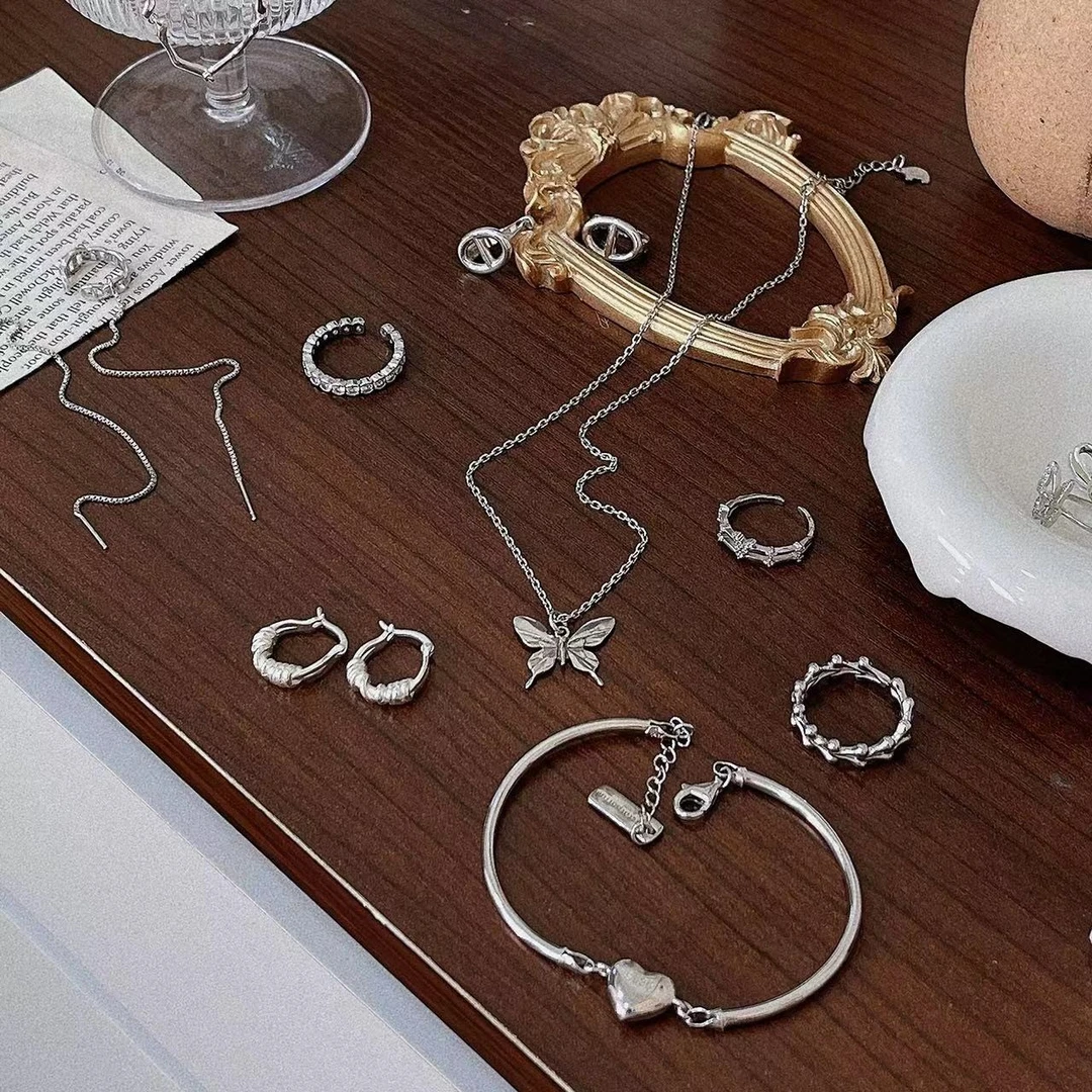 925银银制品 S925纯银饰品浮力链接小众耳环时尚戒指轻奢项链套装