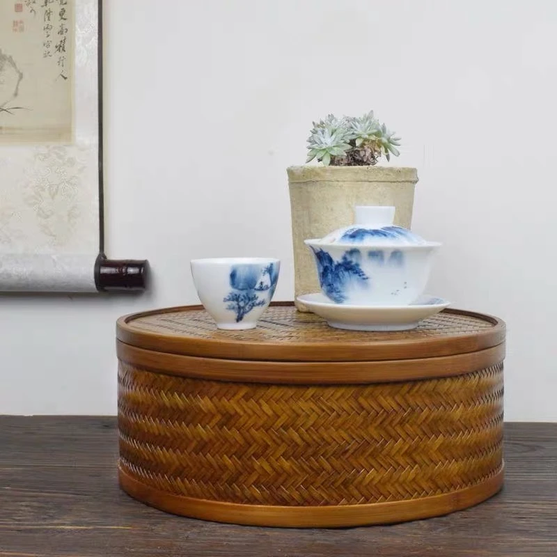 中式竹编茶具收纳盒带盖防尘茶壶茶杯桌面整理盒复古茶筐储物家用