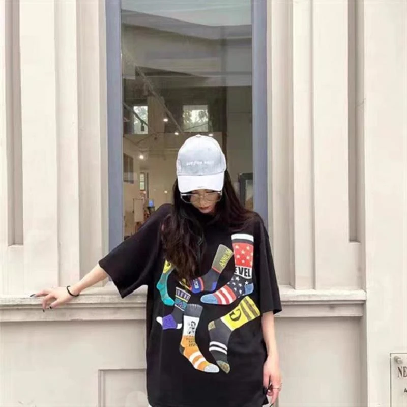 印花彩色袜T恤 简单款夏季休闲时尚短袖