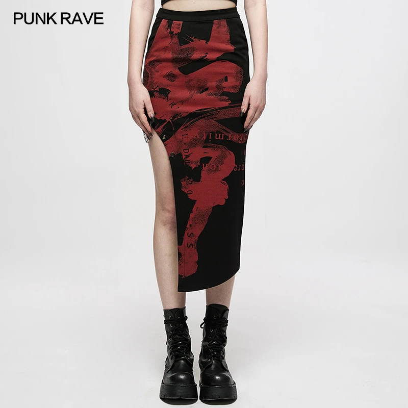 PUNK RAVE新中式时尚不规则高腰显瘦暗黑开叉性感半裙OQ-011BQF