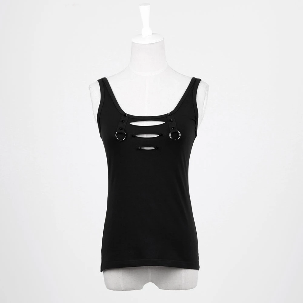 PUNK RAVE朋克日常黑色性感修身无袖百搭切割短袖T恤T-317