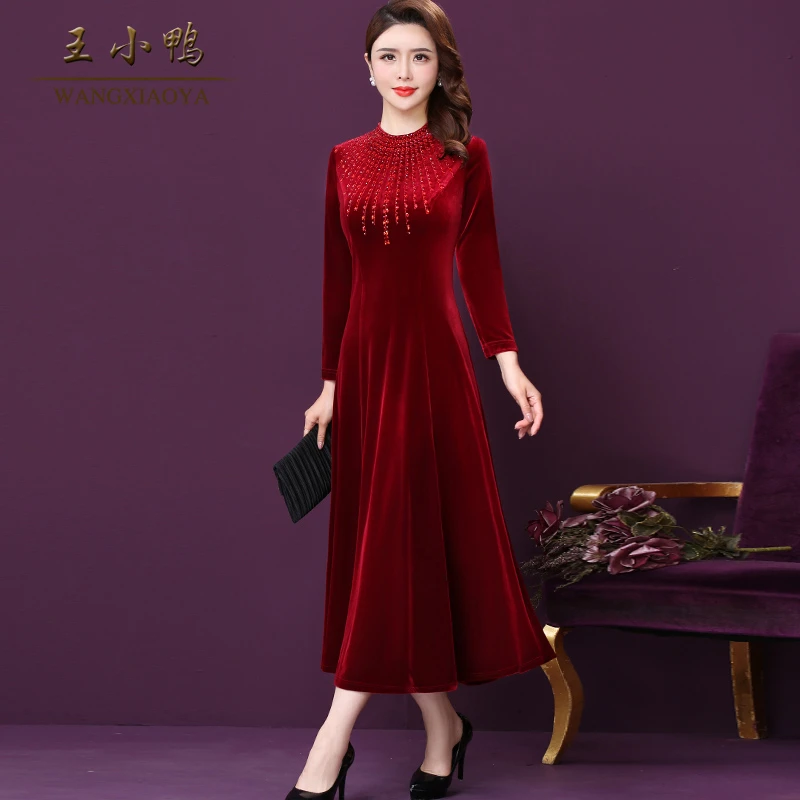 王小鸭W-JY-72673W婚宴轻奢金丝绒礼服红色平时穿连衣裙减龄质感