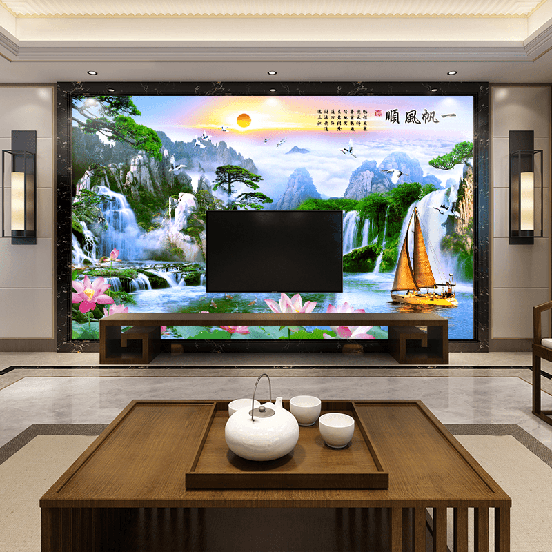 5d新中式客厅沙发影视墙布装饰山水3D立体壁画电视背景墙壁纸2022