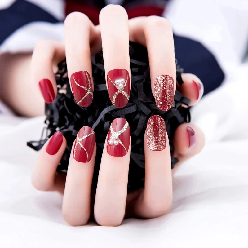 【M123】酒红色珍珠闪闪可拆卸式美甲贴片【中长款】显白