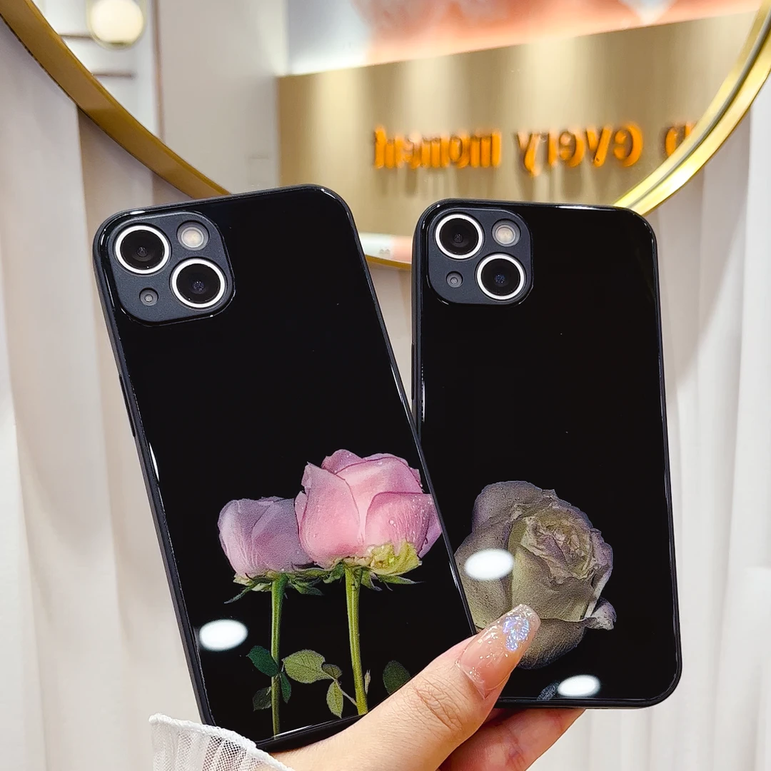 苹果/华为/vivo/oppo/小米  露珠玫瑰花钢化玻璃手机壳