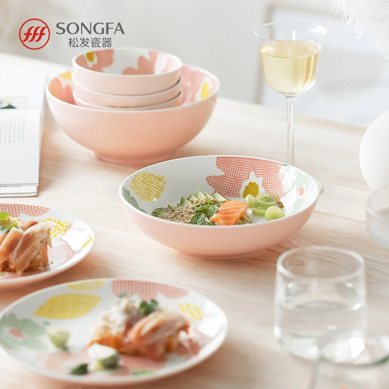 松发瓷器釉下彩印染花粉色欧式印花碗碟陶瓷家用瓷碗沙拉碗米饭碗