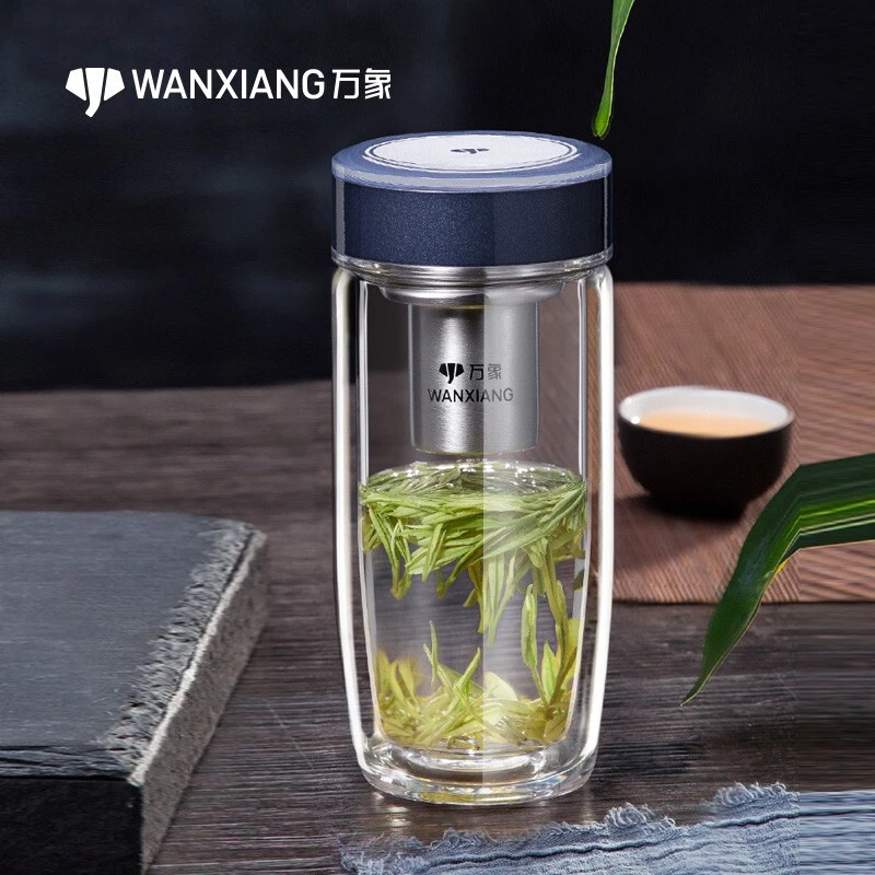 万象商务办公双层玻璃水杯车载便携水杯带盖女士高档过滤透明带盖