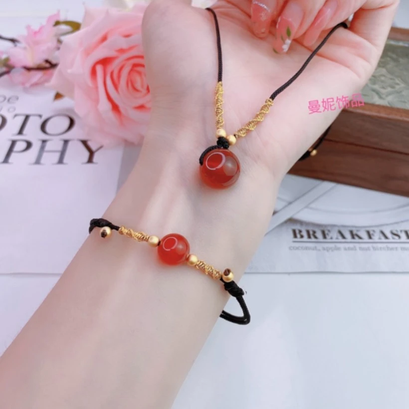 铜合金布艺手链 百搭时尚手工编织情侣相思豆黑绳手链项链可选