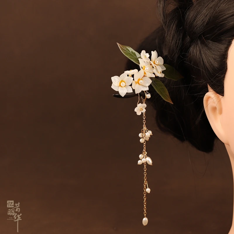水仙花流苏发簪丸子头发饰木簪国风少女黑檀木旗袍茶服日常头饰女