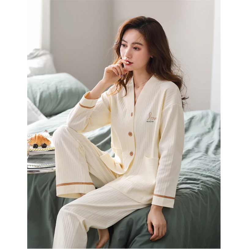 【柔感】家乐芬睡衣女士夏季纯棉长袖长裤家居服夏天夏款套装