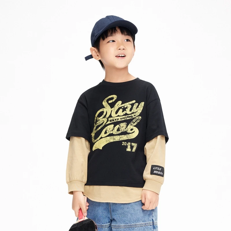 littlemoco童装秋季时尚儿童拼接假两件长袖T恤#KBB3TEE001