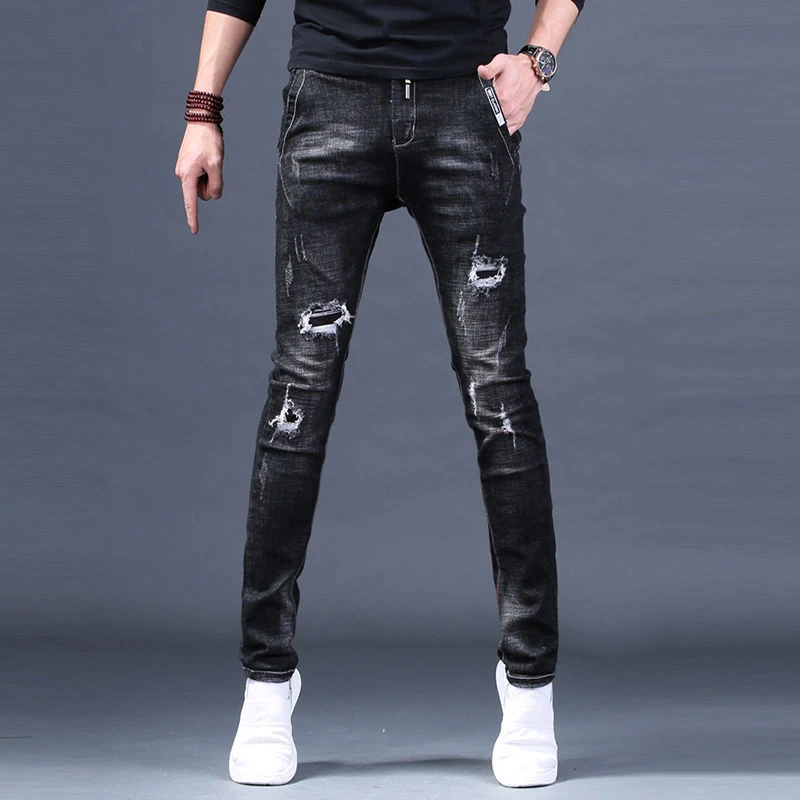 男士破洞牛仔裤男潮牌2022新款修身小脚裤子休闲夏季薄款弹力潮牌