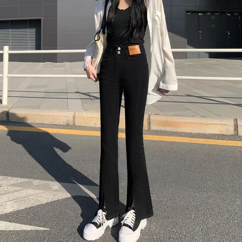 黑色喇叭裤开叉微喇休闲裤女高腰百搭2024春秋新款修身小黑裤弹力