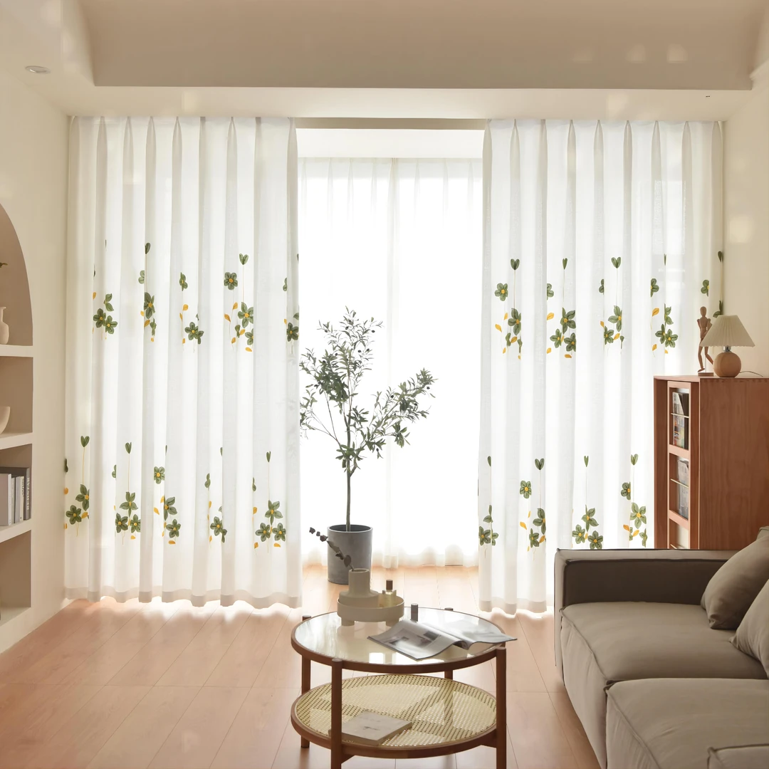 客厅窗帘免打孔透光不透人纱帘绣花白纱飘窗隔断窗纱阳台防晒加厚
