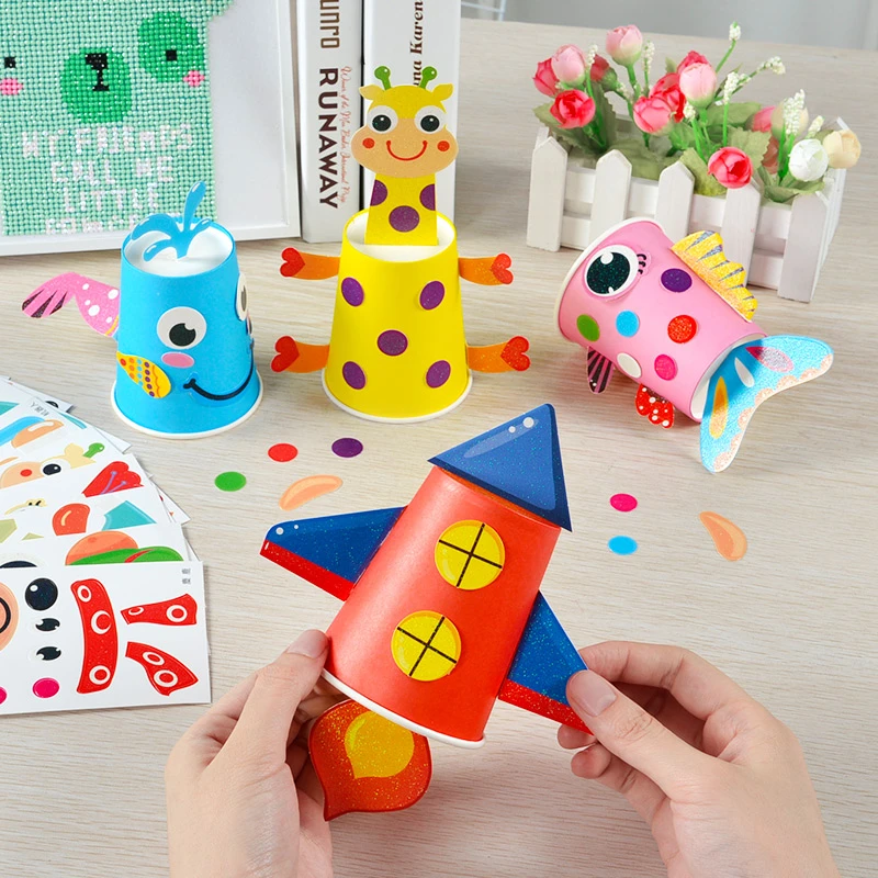 彩色纸盘纸杯男女孩贴纸画 幼儿园儿童创意手工DIY制作材料包贴画