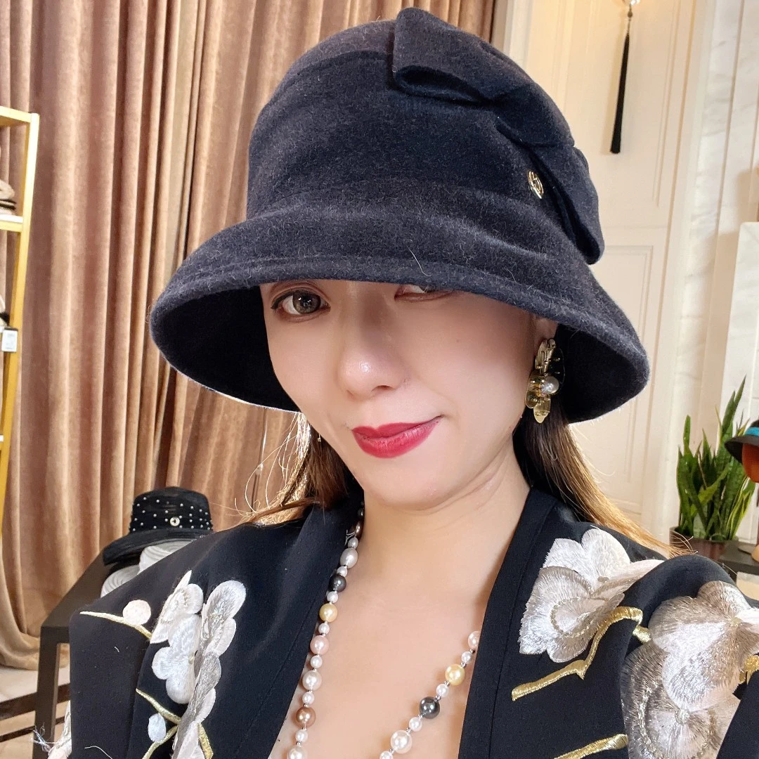 新帽馆秋冬季气质女士压褶蝴蝶结时尚百搭黑色复古盆帽CA1PME2156