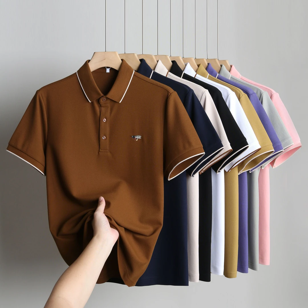 夏季新款薄款小蜜蜂刺绣翻领polo衫男轻熟商务休闲通勤短袖T恤男