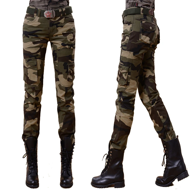 新款迷彩裤潮休闲裤 户外工装女裤 多口袋修身显瘦小直筒长裤大码