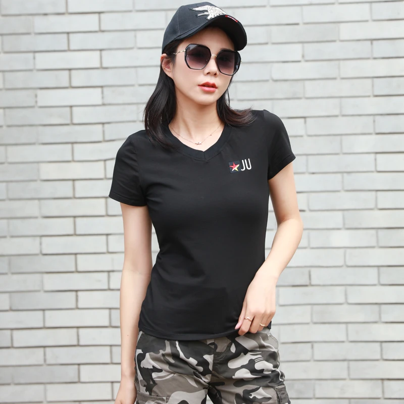 迷彩T恤女军绿色V领弹力修身短袖T恤黑色户外女装夏季打底时尚