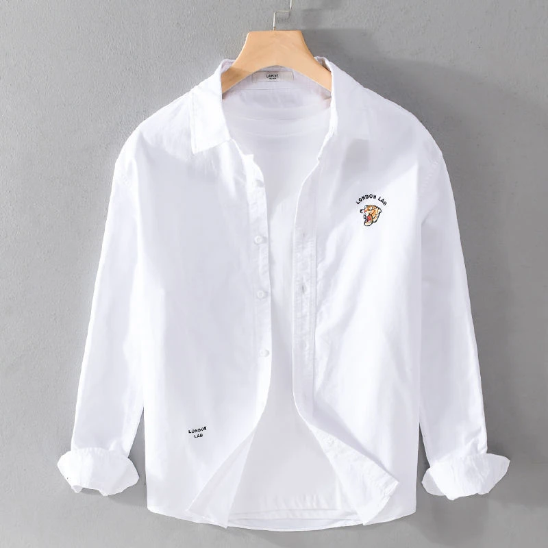 日系虎头刺绣休闲长袖衬衫男士春秋基础款上衣宽松青年纯棉衬衣男