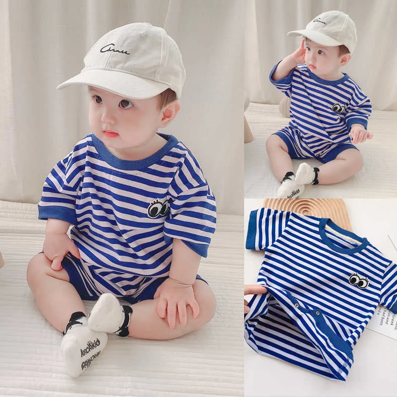 宝宝连体衣男童短袖条纹哈衣婴儿童爬服透气薄女童包屁衣夏装新款