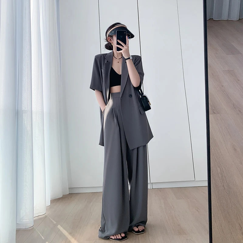 懂点短袖西装外套女2025夏装新款韩版时尚气质显瘦阔腿裤宽松薄款