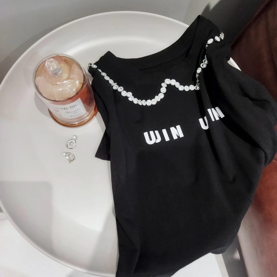 重工镶钻·轻奢少女感法式复古圆领T恤短袖