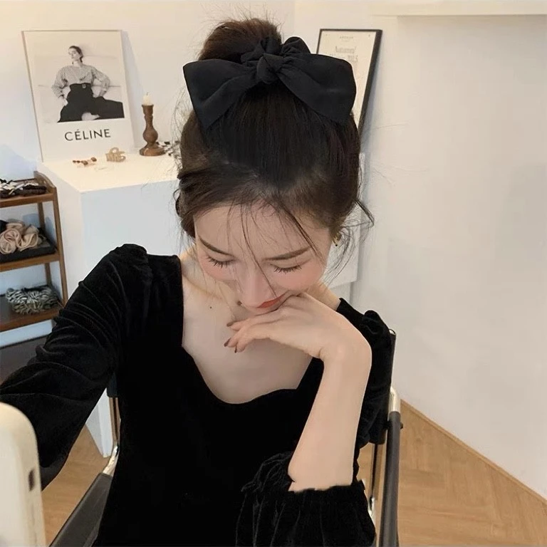 黑色质感少女甜美高马尾蝴蝶结百搭发圈发绳发饰气质时尚头饰法式