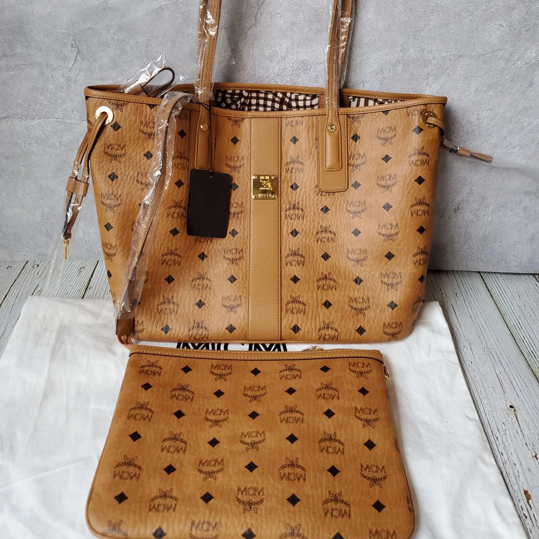 99新 MCM MCM棕色中号购物袋子母包购物袋搁置品