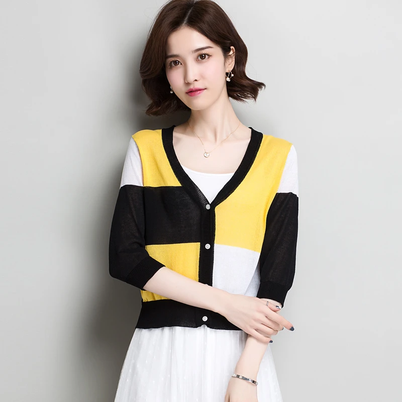 小个子拼色针织开衫女9013