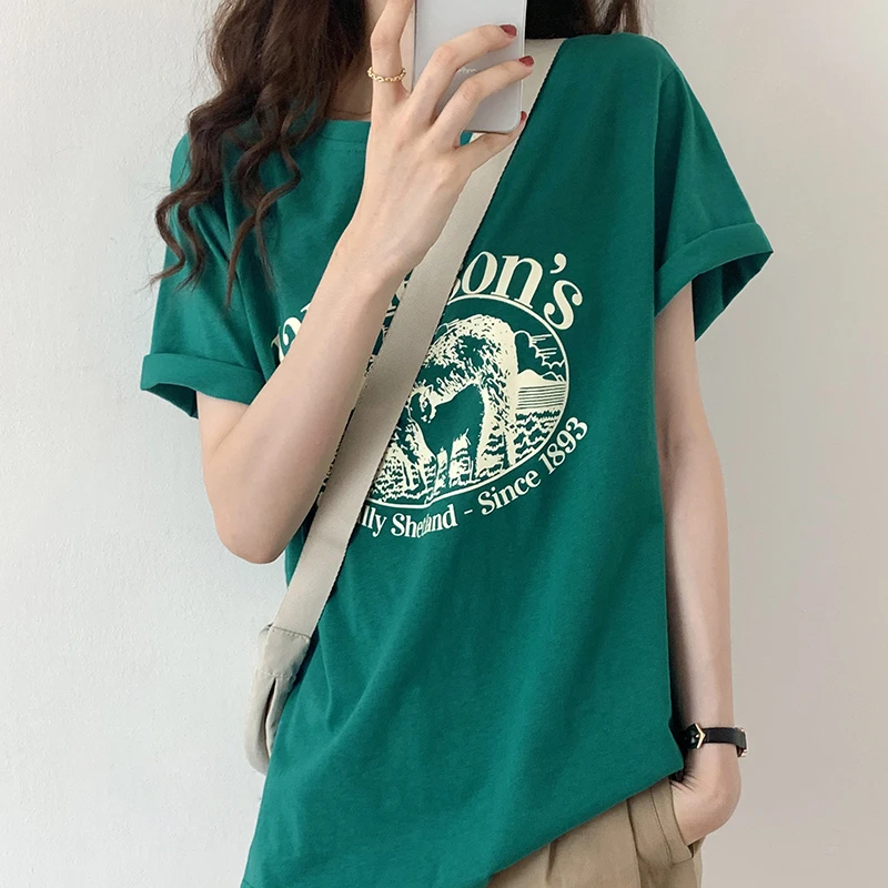 X6264 设计感绿色短袖t恤女年夏季新款宽松显瘦古着感体恤上衣