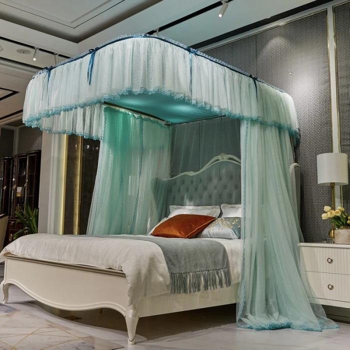 新款防尘顶蕾丝花边U型导轨轨道蚊帐升级加密帐纱加粗支架三开门