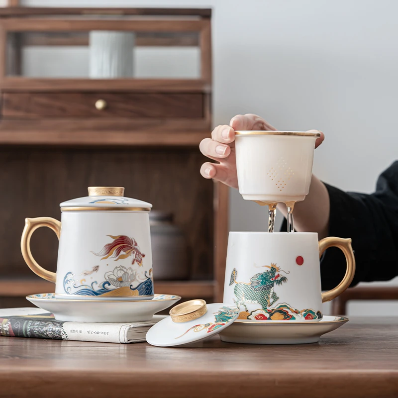 羊脂玉海纳百川杯办公杯送礼佳品高档大容量陶瓷礼盒装喝水杯描金