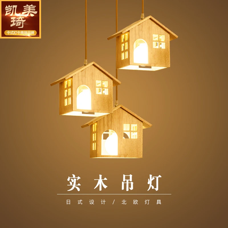创意木艺吊灯日式灯具北欧三头餐厅吊灯原木榻榻米灯具实木吊灯
