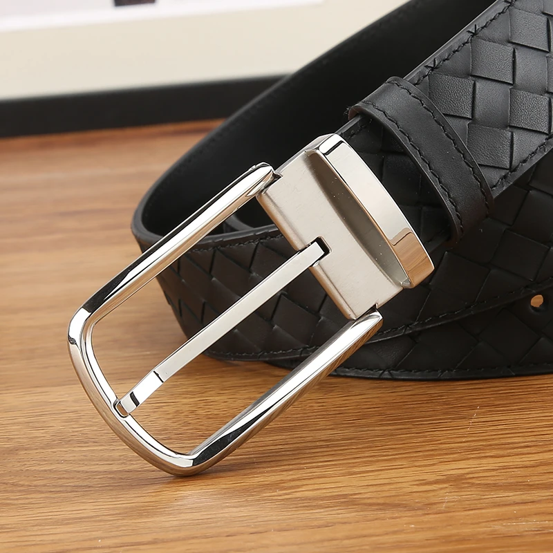 2023年轻人牛仔裤专用 3.5编织真牛皮 黑色百搭  高档男士皮带