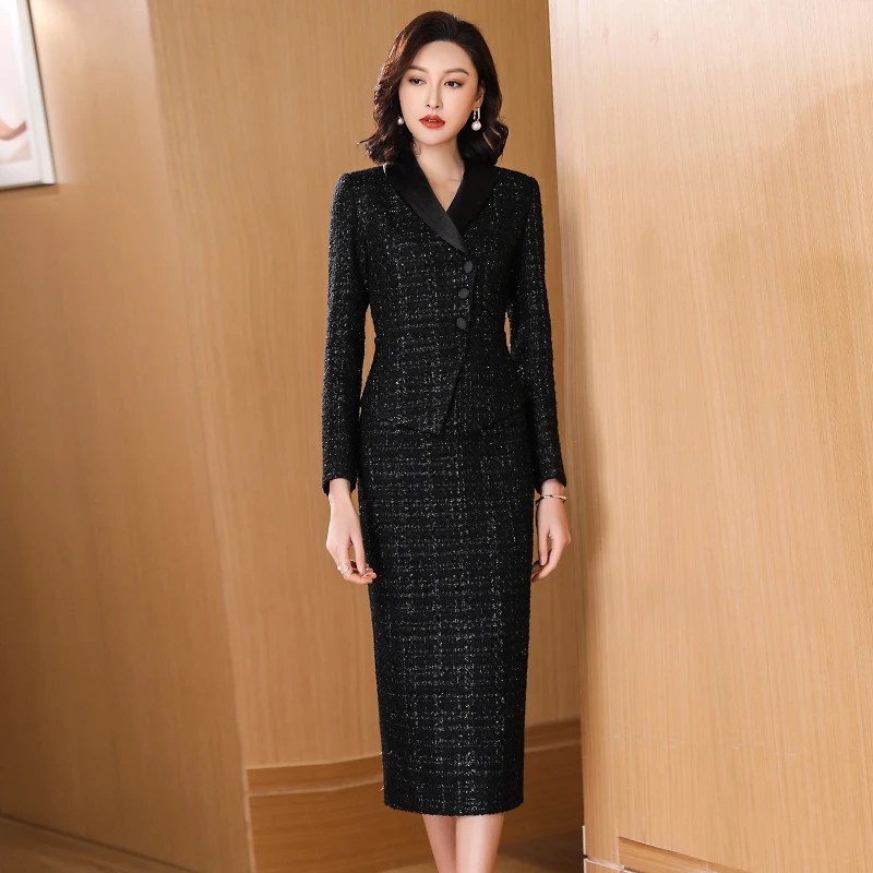 小香风长袖连衣裙女2024春季气质名媛修身优雅粗花呢假两件裙子